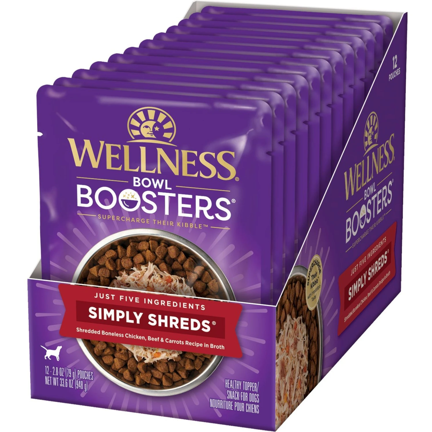 Wellness Bowl Boosters Simply Shreds Chicken, Beef & Carrots Natural Grain-Free Wet Dog Food Mixer Or Topper, 2.8-oz Pouch, Case Of 12 1 Wellness Bowl Boosters Simply Shreds Chicken, Beef & Carrots Natural Grain-Free Wet Dog Food Mixer Or Topper, 2.8-oz Pouch, Case Of 12