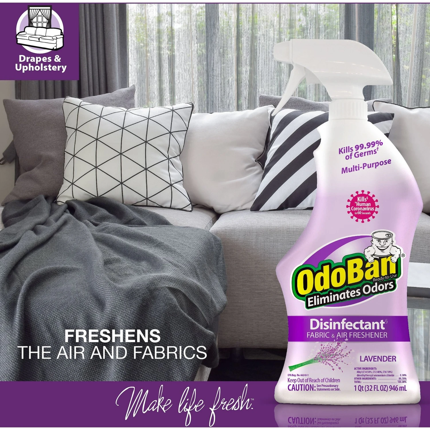 OdoBan Disinfectant Fabric & Air Freshener Spray, Lavender Scent 4 OdoBan Disinfectant Fabric & Air Freshener Spray, Lavender Scent - Image 4