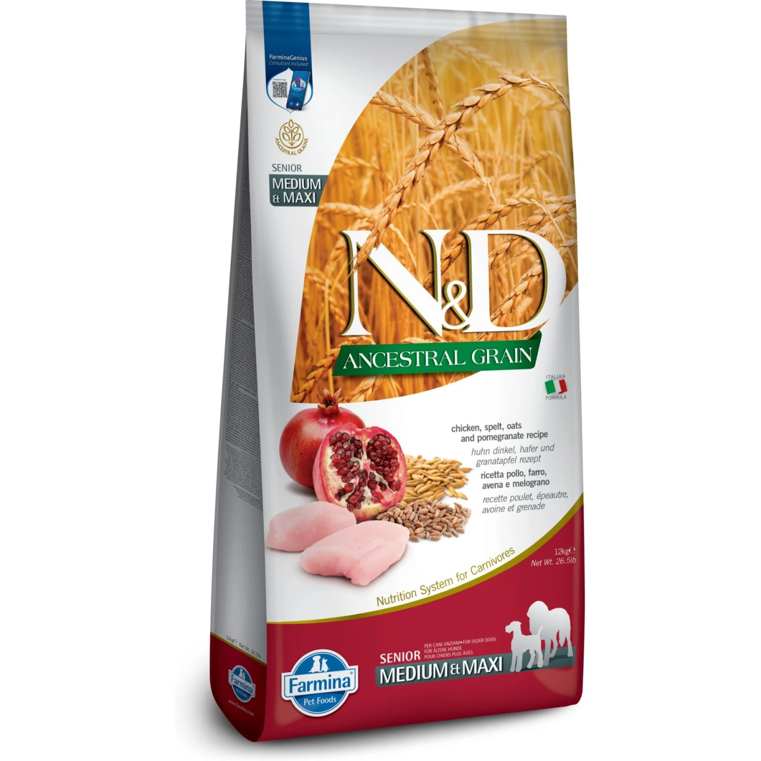 Farmina N&D Ancestral Grain Chicken & Pomegranate Recipe Senior Medium & Maxi Dry Dog Food, 26.5-lb Bag 1 Farmina N&D Ancestral Grain Chicken & Pomegranate Recipe Senior Medium & Maxi Dry Dog Food, 26.5-lb Bag