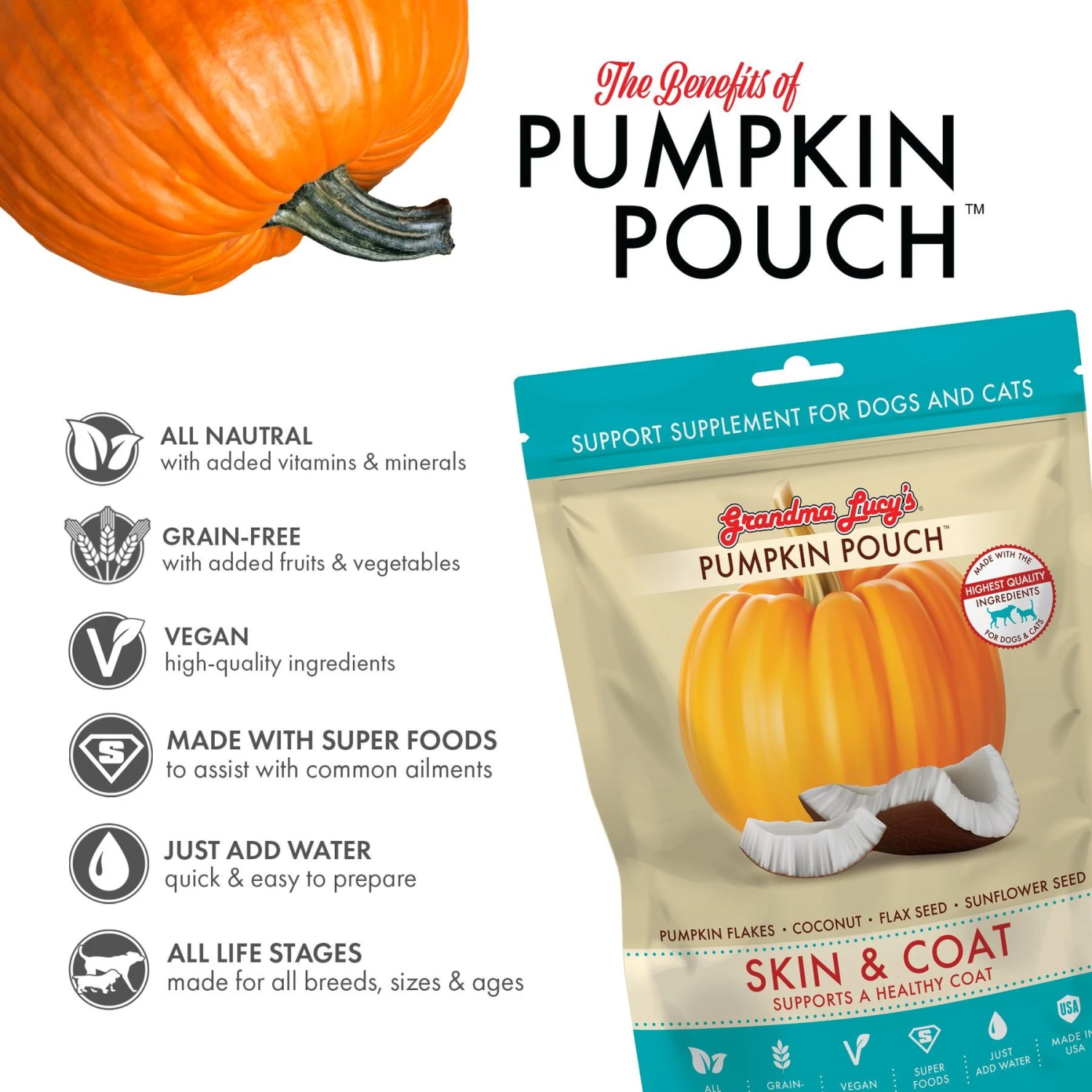 Grandma Lucy's Pumpkin Pouch Skin & Coat Freeze-Dried Dog & Cat Food Topper, 6-oz Bag 3 Grandma Lucy's Pumpkin Pouch Skin & Coat Freeze-Dried Dog & Cat Food Topper, 6-oz Bag - Image 3