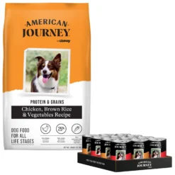 American Journey Protein & Grains Chicken, Brown Rice & Vegetables Recipe Dry Dog Food & American Journey Stews Poultry & Beef Variety Pack Grain-Free Canned Dog Food, 12.5-oz Can
