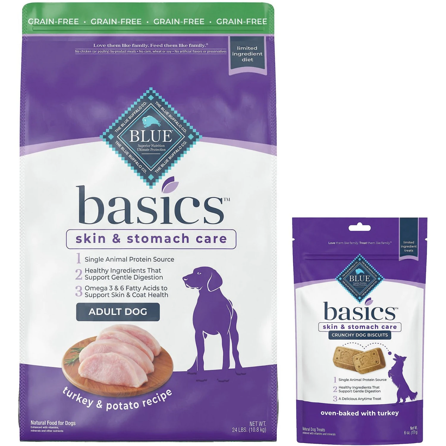 Blue Buffalo Basics Skin & Stomach Care Grain-Free Formula Turkey & Potato Recipe Adult Dry Dog Food & Blue Buffalo Basics Skin & Stomach Care Biscuits Turkey & Potato Dog Treats 1 Blue Buffalo Basics Skin & Stomach Care Grain-Free Formula Turkey & Potato Recipe Adult Dry Dog Food & Blue Buffalo Basics Skin & Stomach Care Biscuits Turkey & Potato Dog Treats