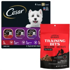 Cesar Classic Loaf In Sauce Beef Recipe, Filet Mignon, Grilled Chicken & Porterhouse Steak Flavors Variety Pack Grain-Free Small Breed Adult Wet Dog Food Trays & American Journey Beef Recipe Grain-Free Soft & Chewy Training Bits Dog Treats