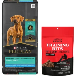 Purina Pro Plan High Protein Chicken & Rice Formula Large Breed Dry Puppy Food & American Journey Beef Recipe Grain-Free Soft & Chewy Training Bits Dog Treats