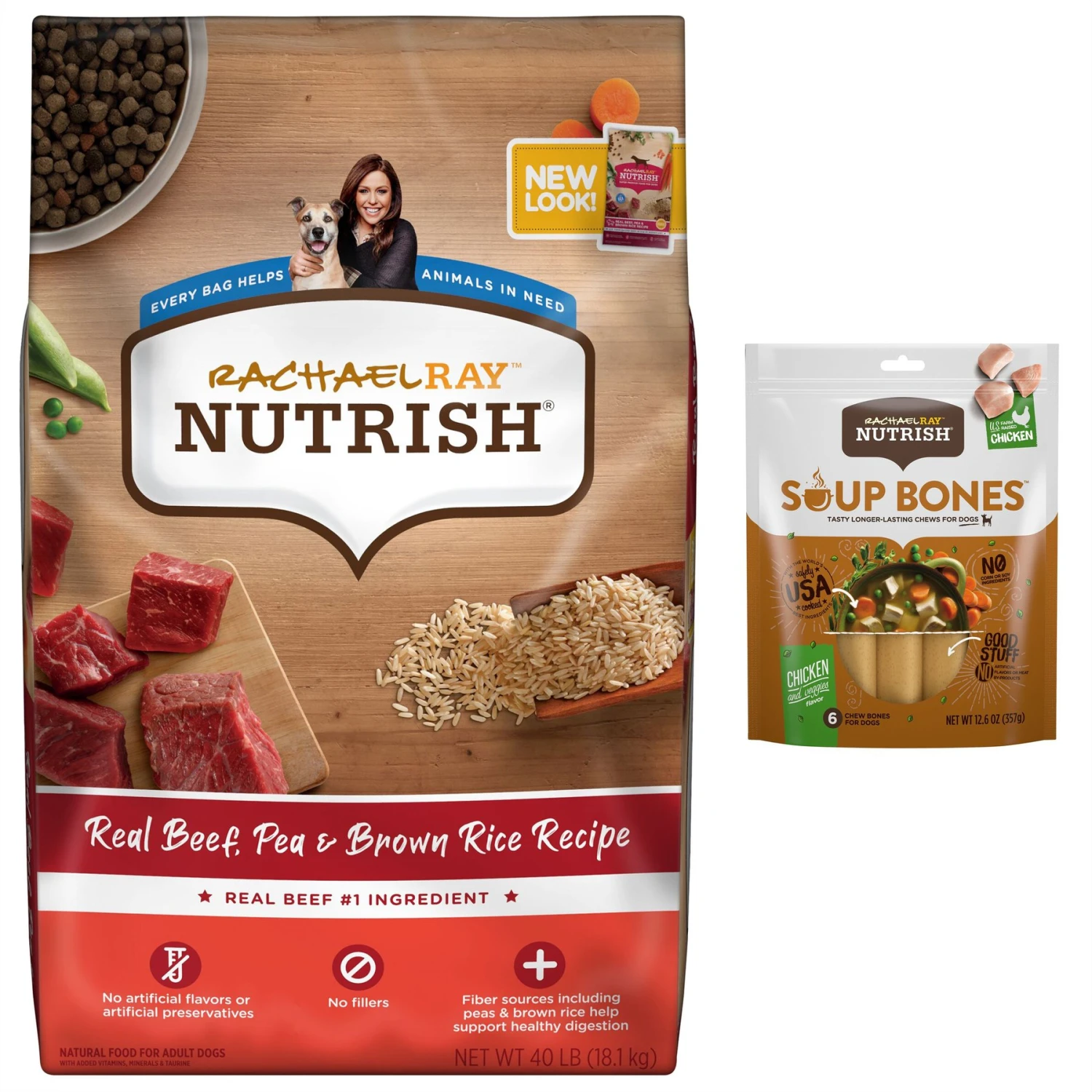 Rachael Ray Nutrish Real Beef, Pea, & Brown Rice Recipe Dry Dog Food & Rachael Ray Nutrish Soup Bones Chicken & Veggies Flavor Dog Treats 1 Rachael Ray Nutrish Real Beef, Pea, & Brown Rice Recipe Dry Dog Food & Rachael Ray Nutrish Soup Bones Chicken & Veggies Flavor Dog Treats