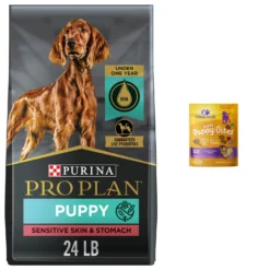 Purina Pro Plan Puppy Sensitive Skin & Stomach Lamb & Oatmeal Dry Dog Food & Wellness Soft Puppy Bites Lamb & Salmon Recipe Grain-Free Natural Dog Treats
