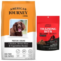 American Journey Protein & Grains Puppy Chicken, Brown Rice & Vegetables Recipe Dog Food & American Journey Beef Recipe Grain-Free Soft & Chewy Training Bits Dog Treats