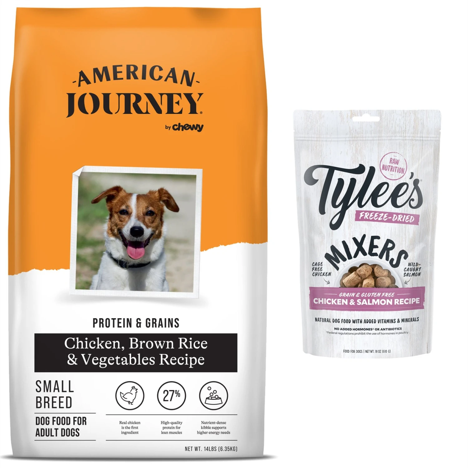American Journey Protein & Grains Small Breed Chicken, Brown Rice & Vegetables Recipe Adult Dry Dog Food & Tylee's Freeze-Dried Mixers For Dogs, Chicken & Salmon Recipe 1 American Journey Protein & Grains Small Breed Chicken, Brown Rice & Vegetables Recipe Adult Dry Dog Food & Tylee's Freeze-Dried Mixers For Dogs, Chicken & Salmon Recipe