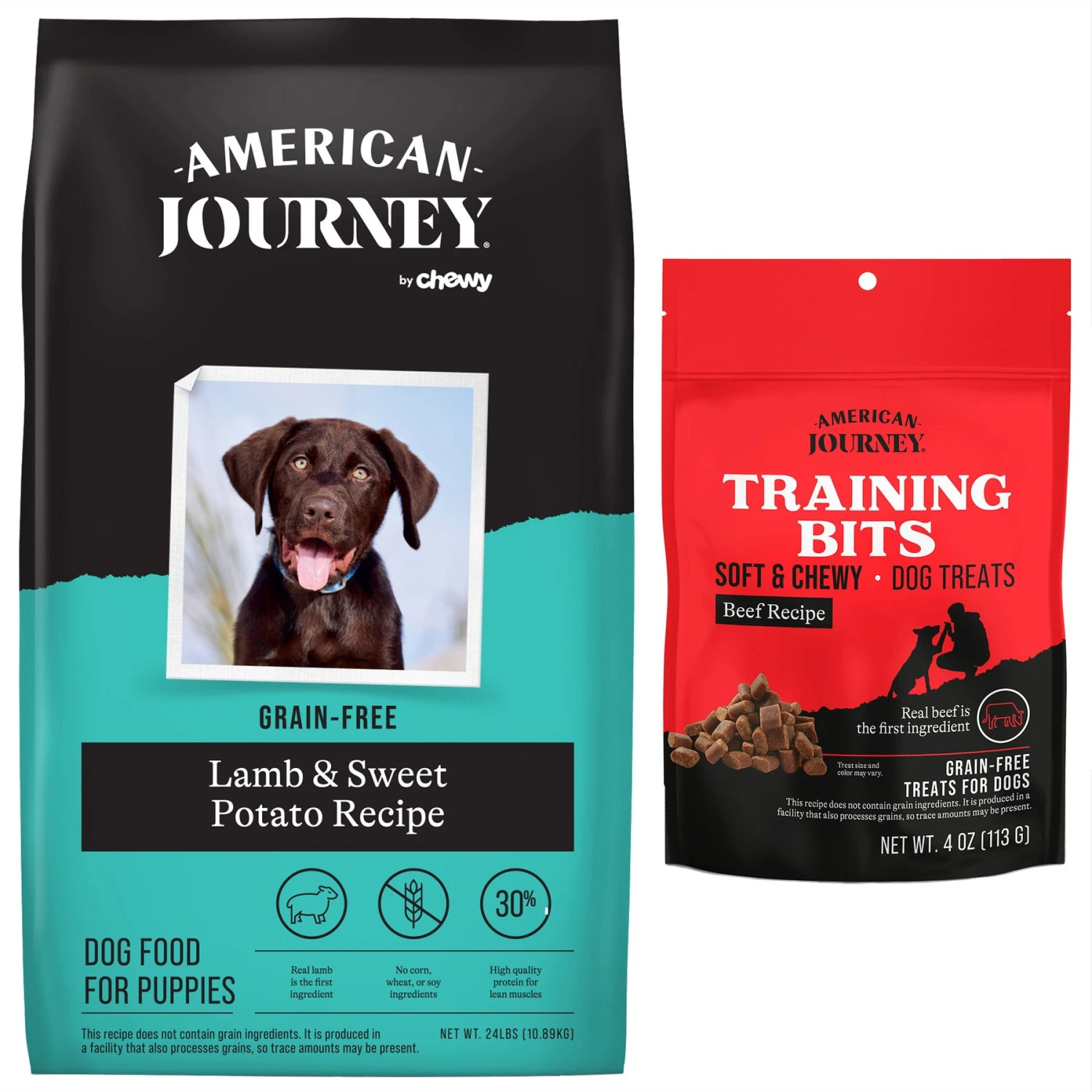 American Journey Puppy Lamb & Sweet Potato Recipe Grain-Free Dry Dog Food & American Journey Beef Recipe Grain-Free Soft & Chewy Training Bits Dog Treats 1 American Journey Puppy Lamb & Sweet Potato Recipe Grain-Free Dry Dog Food & American Journey Beef Recipe Grain-Free Soft & Chewy Training Bits Dog Treats