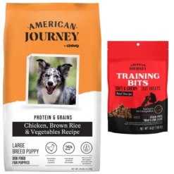American Journey Protein & Grains Large Breed Puppy Chicken, Brown Rice & Vegetables Recipe Dry Dog Food, 28-lb Bag & American Journey Beef Recipe Grain-Free Soft & Chewy Training Bits Dog Treats