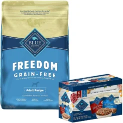 Blue Buffalo Delectables Chicken & Beef Dinner Variety Pack Grain-Free Wet Dog Food Topper, 3-oz Pouches, Case Of 12 & Blue Buffalo Freedom Adult Chicken Recipe Grain-Free Dry Dog Food