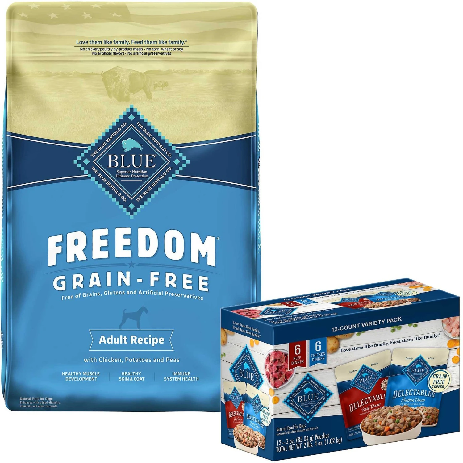 Blue Buffalo Delectables Chicken & Beef Dinner Variety Pack Grain-Free Wet Dog Food Topper, 3-oz Pouches, Case Of 12 & Blue Buffalo Freedom Adult Chicken Recipe Grain-Free Dry Dog Food 1 Blue Buffalo Delectables Chicken & Beef Dinner Variety Pack Grain-Free Wet Dog Food Topper, 3-oz Pouches, Case Of 12 & Blue Buffalo Freedom Adult Chicken Recipe Grain-Free Dry Dog Food