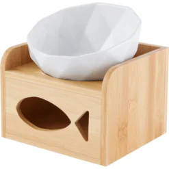 Frisco Elevated Non-Skid Ceramic Bowl & Bamboo Storage