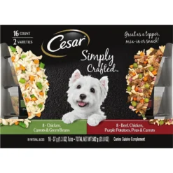 Cesar Simply Crafted Variety Pack Chicken, Carrots & Green Beans & Beef, Chicken, Purple Potatoes, Peas & Carrots Wet Dog Food Topper, 1.3-oz Can, 16 Count
