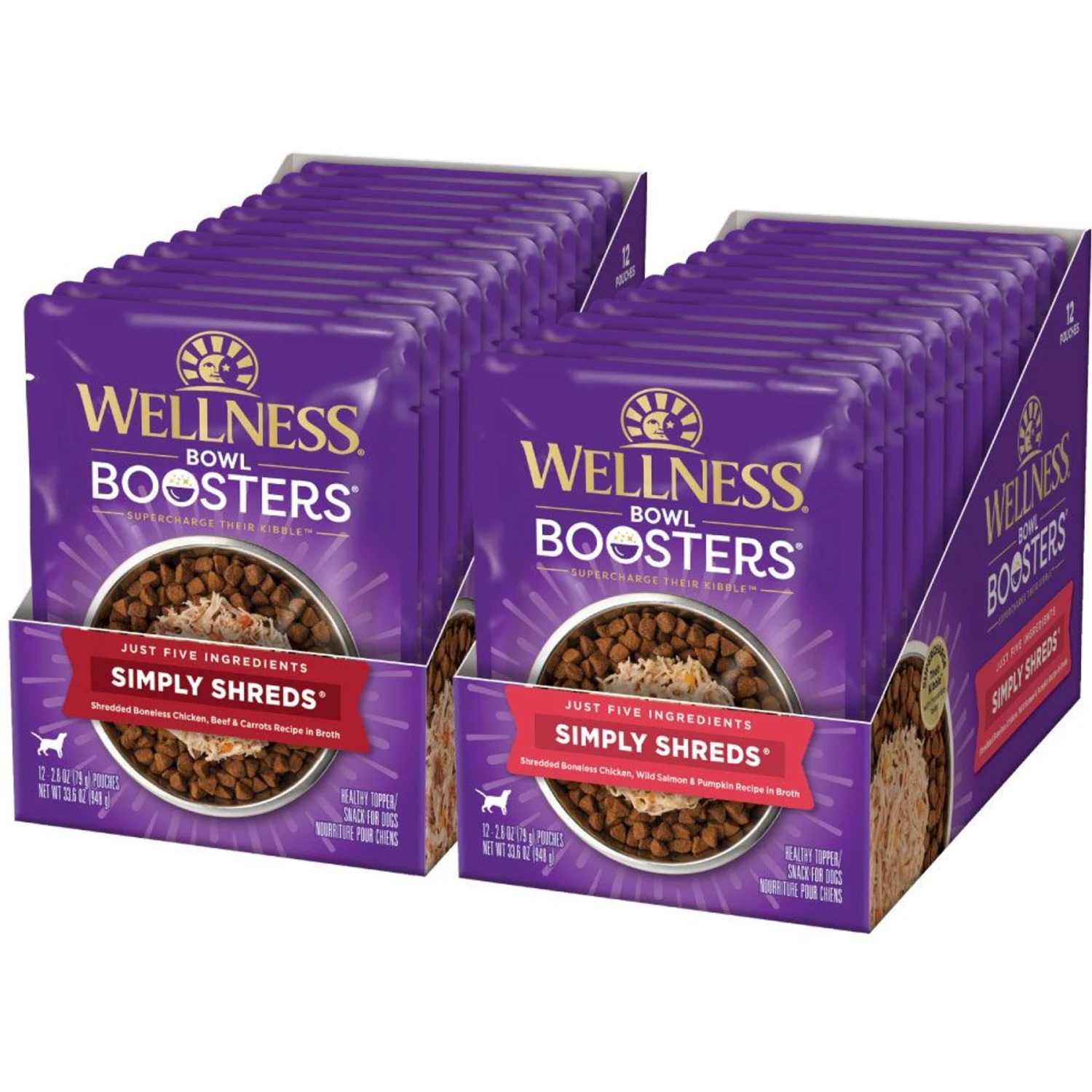 Wellness Bowl Boosters Simply Shreds Chicken, Beef & Carrots Natural Grain-Free Wet Dog Food Mixer Or Topper, 2.8-oz Pouch, Case Of 12 & Wellness Bowl Boosters Simply Shreds Chicken, Salmon & Pumpkin Natural Grain-Free Wet Dog Food Mixer Or Topper, 2.8-oz Pouch, Case Of 12 1 Wellness Bowl Boosters Simply Shreds Chicken, Beef & Carrots Natural Grain-Free Wet Dog Food Mixer Or Topper, 2.8-oz Pouch, Case Of 12 & Wellness Bowl Boosters Simply Shreds Chicken, Salmon & Pumpkin Natural Grain-Free Wet Dog Food Mixer Or Topper, 2.8-oz Pouch, Case Of 12