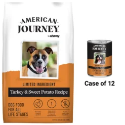 American Journey Turkey Recipe Grain-Free Canned Dog Food, 12.5-oz & American Journey Limited Ingredient Turkey & Sweet Potato Recipe Grain-Free Dry Dog Food
