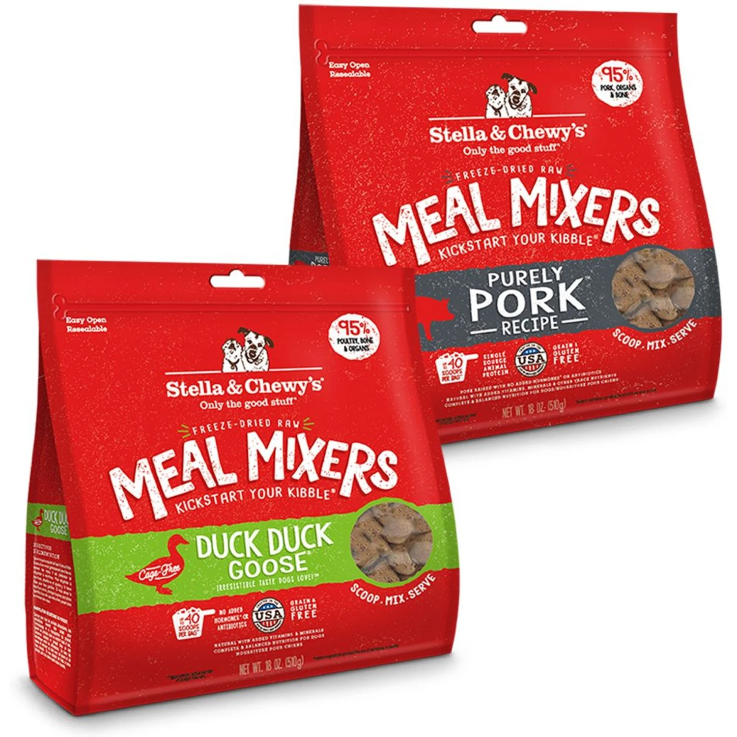 Stella & Chewy's Duck Duck Goose Meal Mixers Freeze-Dried Raw Dog Food Topper & Stella & Chewy's Meal Mixers Purely Pork Freeze-Dried Raw Dog Food Topper 1 Stella & Chewy's Duck Duck Goose Meal Mixers Freeze-Dried Raw Dog Food Topper & Stella & Chewy's Meal Mixers Purely Pork Freeze-Dried Raw Dog Food Topper