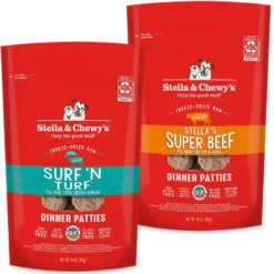 Stella & Chewy's Surf 'N Turf Dinner Patties Freeze-Dried Raw Dog Food & Stella & Chewy's Stella's Super Beef Dinner Patties Freeze-Dried Raw Dog Food