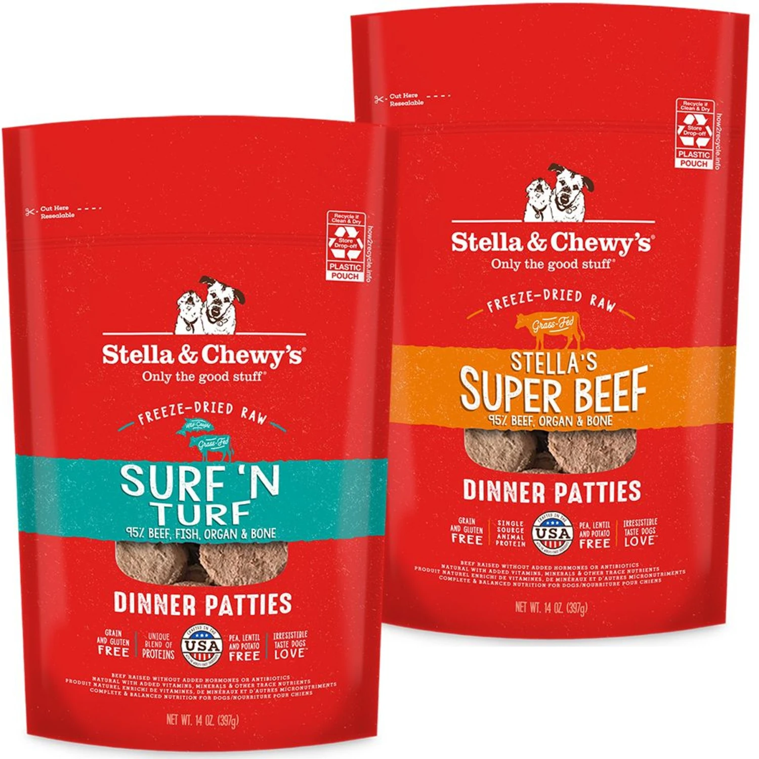 Stella & Chewy's Surf 'N Turf Dinner Patties Freeze-Dried Raw Dog Food & Stella & Chewy's Stella's Super Beef Dinner Patties Freeze-Dried Raw Dog Food 1 Stella & Chewy's Surf 'N Turf Dinner Patties Freeze-Dried Raw Dog Food & Stella & Chewy's Stella's Super Beef Dinner Patties Freeze-Dried Raw Dog Food