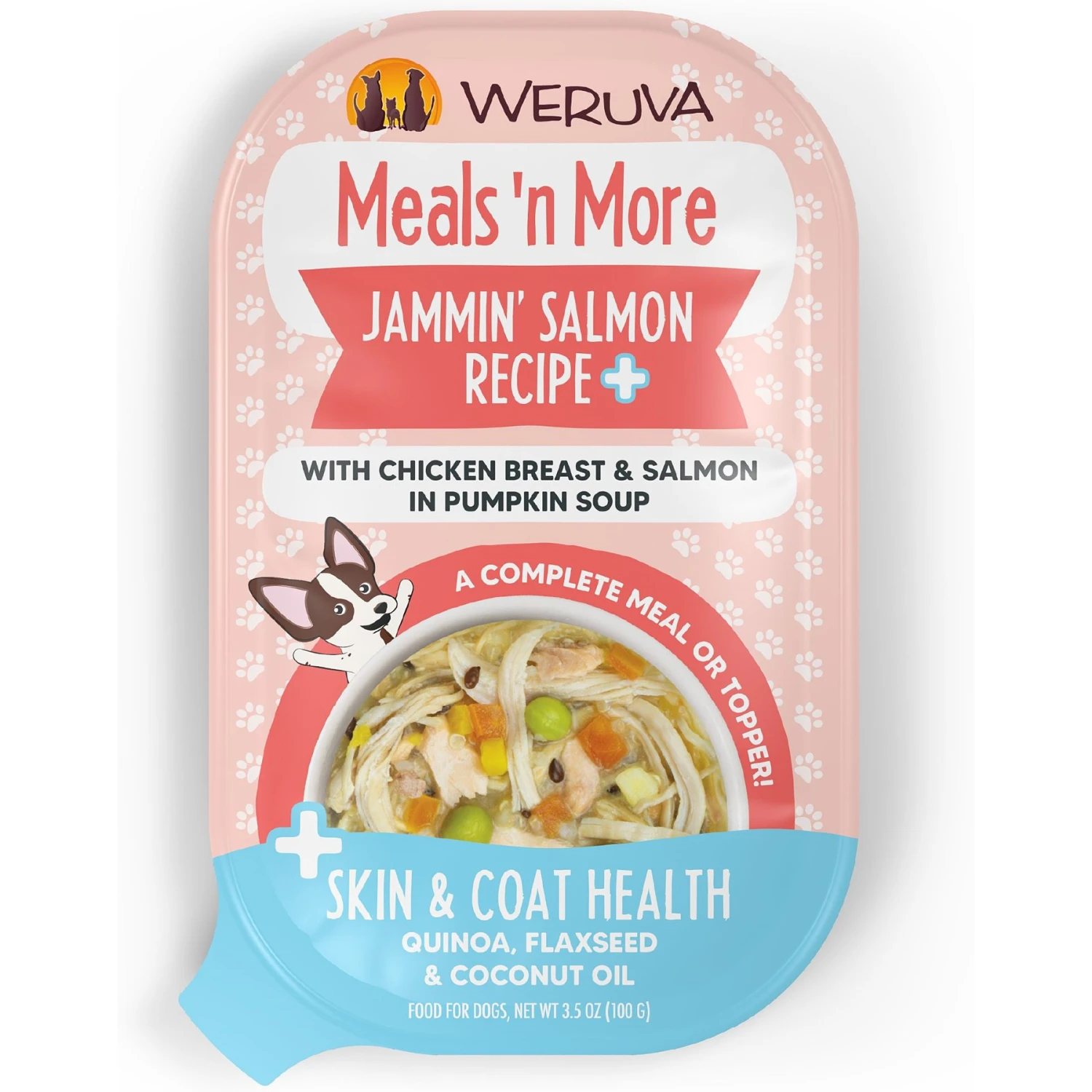 Weruva Meals 'n More Natural Wet Dog Food, Jammin' Salmon Plus Skin & Coat Health, 3.5-oz Cup, 12 Count 1 Weruva Meals 'n More Natural Wet Dog Food, Jammin' Salmon Plus Skin & Coat Health, 3.5-oz Cup, 12 Count