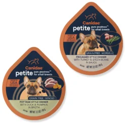 CANIDAE PURE Petite All Stages Small Breed Pottage Style Dinner With Duck & Pumpkin Breed Wet Dog Food Trays, 3.5-oz, Case Of 12 & CANIDAE PURE Petite All Stages Small Breed Fricassee Style Dinner With Turkey & Green Beans Wet Dog Food Trays, 3.5-oz, Case Of 12