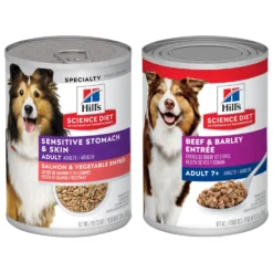 Hill's Science Diet Adult 7+ Beef & Barley Entree Canned Dog Food & Hill's Science Diet Adult Sensitive Stomach & Skin Grain-Free Salmon & Vegetable Entree Canned Dog Food