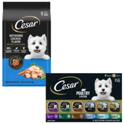 Cesar Rotisserie Chicken Flavor & Spring Vegetables Garnish Small Breed Dry Dog Food & Cesar Poultry Lovers Variety Pack Small Breed Adult Wet Dog Food Trays