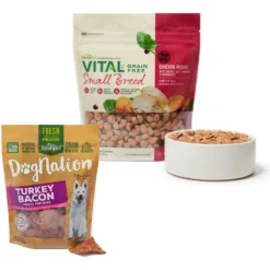 Freshpet Dognation Turkey Bacon Grain-Free Fresh Dog Treats, 3-oz Bag, Case Of 6 & Freshpet Vital Chicken Recipe Grain-Free Small Breed Fresh Dog Food
