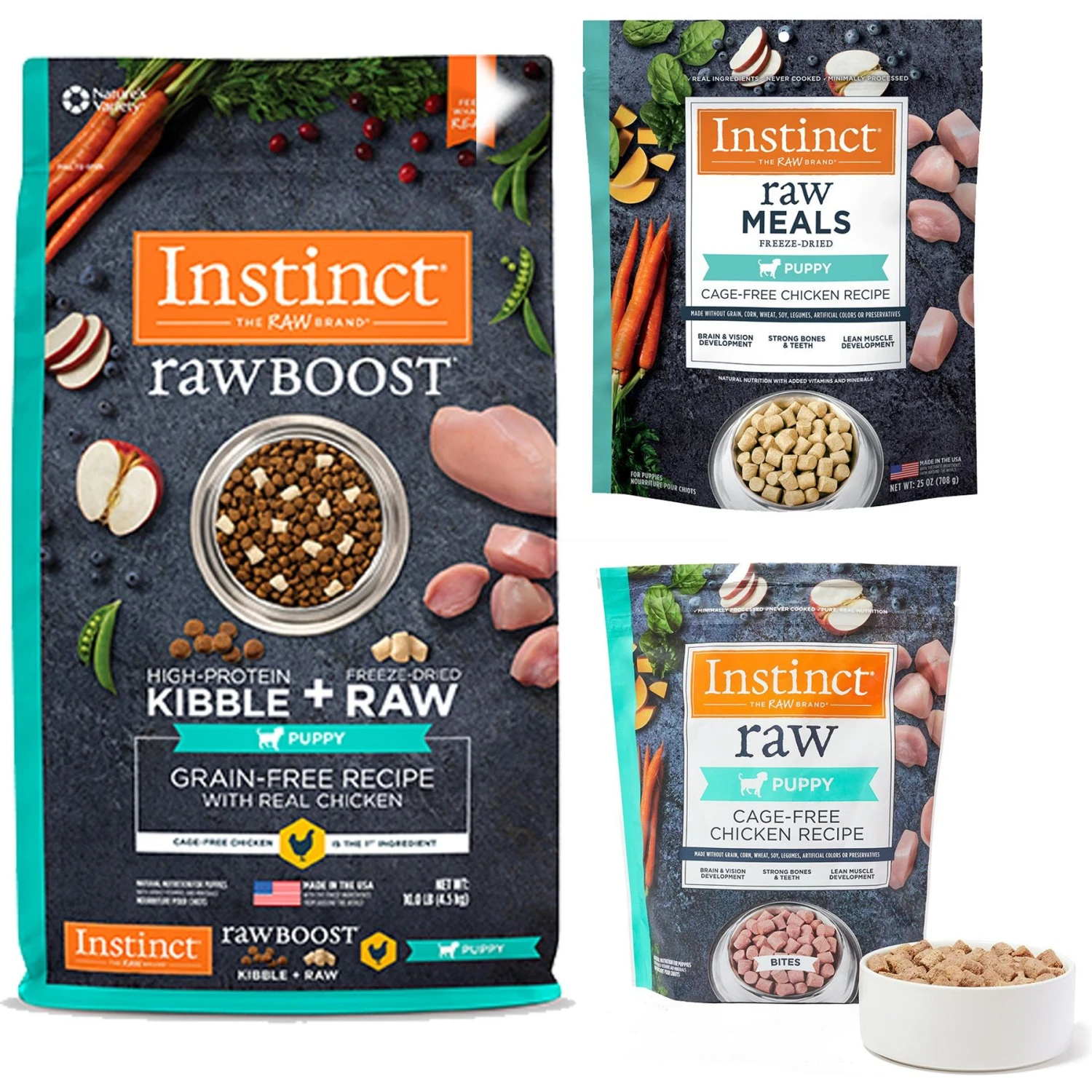 Instinct Bites Chicken Recipe Grain-Free Cage-Free Raw Frozen Puppy Food, 3-lb Bag + 2 Items 1 Instinct Bites Chicken Recipe Grain-Free Cage-Free Raw Frozen Puppy Food, 3-lb Bag + 2 Items