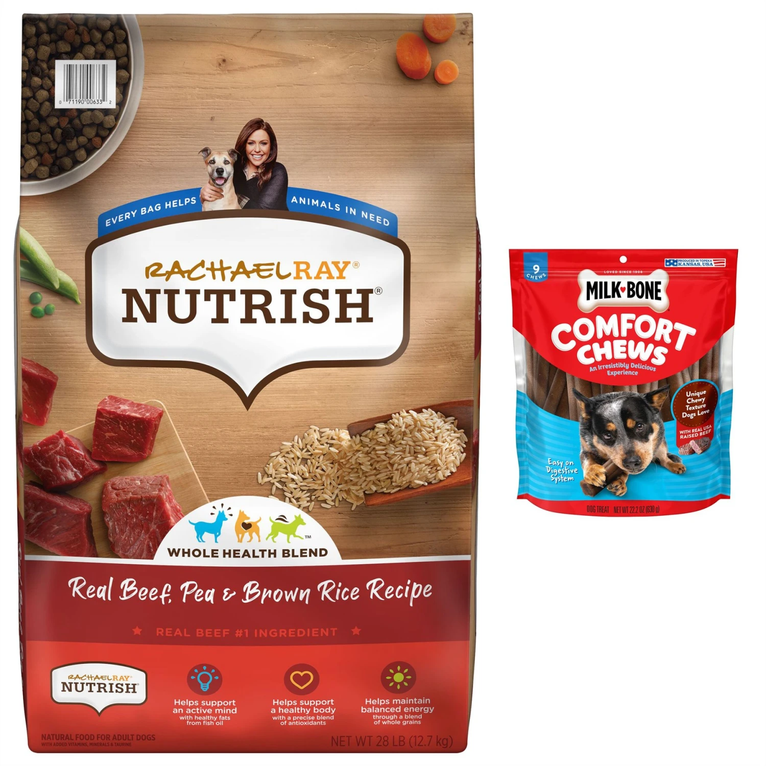Rachael Ray Nutrish Real Beef, Pea, & Brown Rice Recipe Dry Dog Food & Milk-Bone Comfort Chews Real Beef Dog Treats 1 Rachael Ray Nutrish Real Beef, Pea, & Brown Rice Recipe Dry Dog Food & Milk-Bone Comfort Chews Real Beef Dog Treats