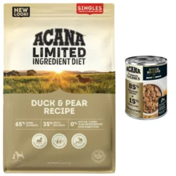 ACANA Premium Chunks Duck Recipe In Bone Broth Grain-Free Wet Dog Food, 12.8-oz Can, Case Of 12 & ACANA Singles Limited Ingredient Duck & Pear Grain-Free Dry Dog Food