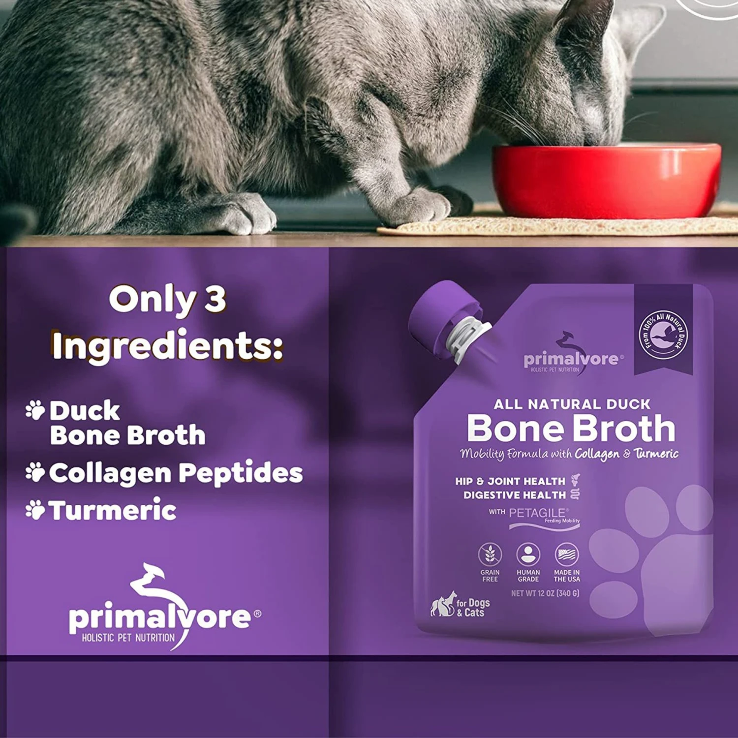 Primalvore All Natural Duck Bone Broth With Collagen + Turmeric Dog & Cat Food Topping, 12-oz Bag, 6 Count 3 Primalvore All Natural Duck Bone Broth With Collagen + Turmeric Dog & Cat Food Topping, 12-oz Bag, 6 Count - Image 3